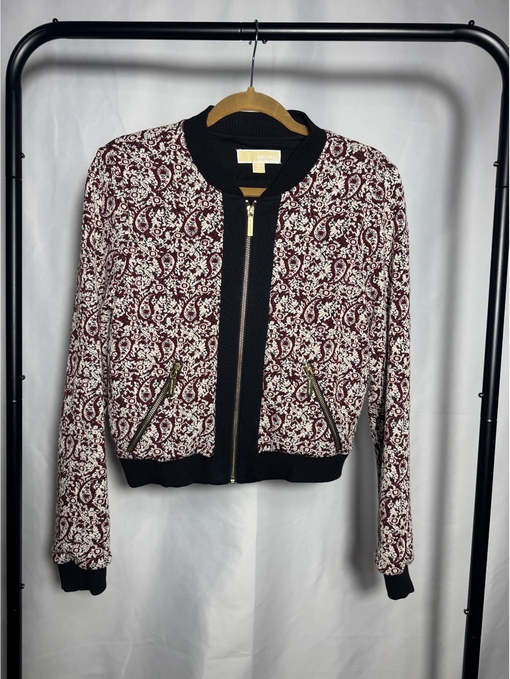 Michael Kors Women's Medium Burgundy and White Patterned Bomber Jacket